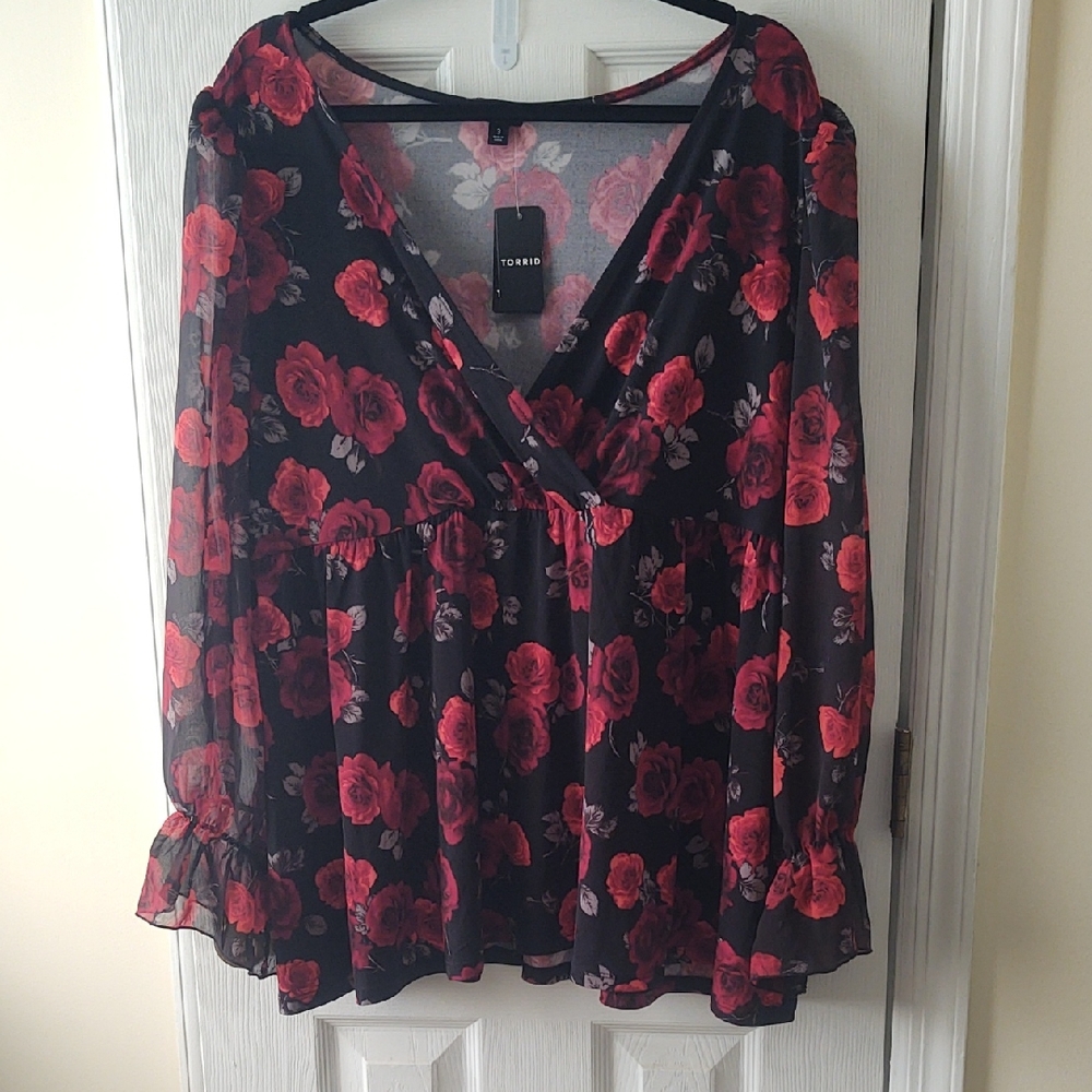 Torrid Red and Black Ruffled Long Sleeve Blouse